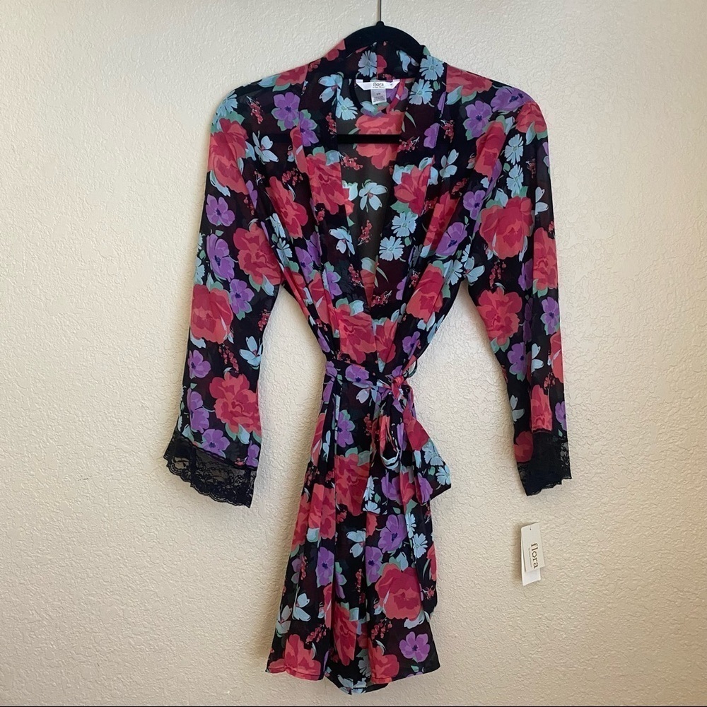 FLORA NIKROOTZ Floral Robe kimono NWT black pink purple sheet belted